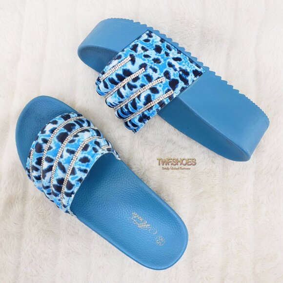 Beach Day Blue Leopard Slip on Platform Sandals Rhinestone Details - Picture 2 of 12